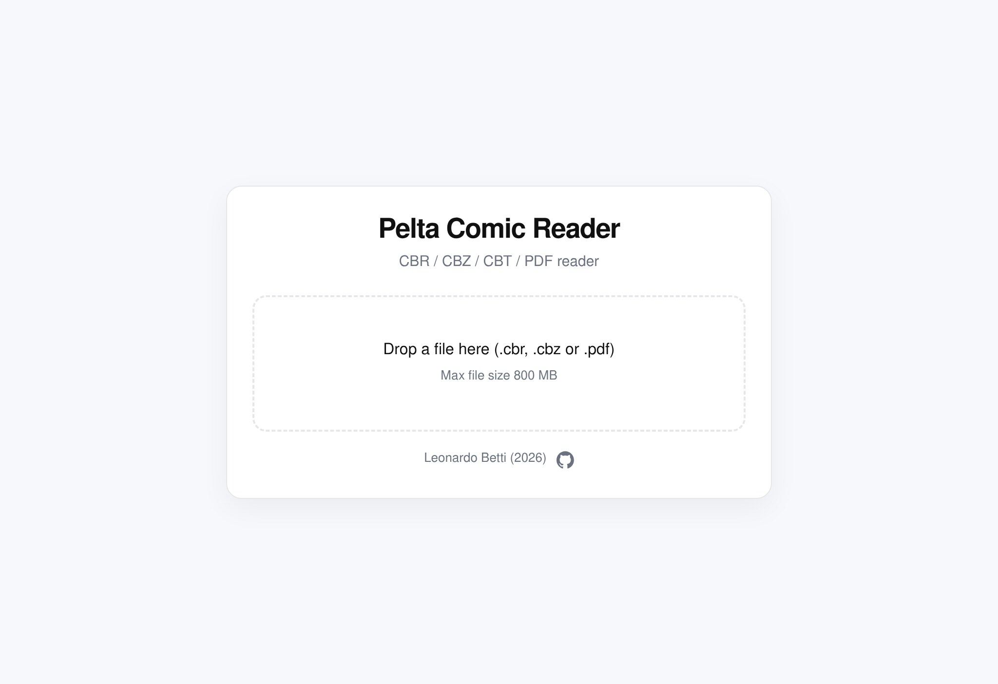 The Pelta web app, ready for a .cbr, .cbz or .pdf file to be dropped in